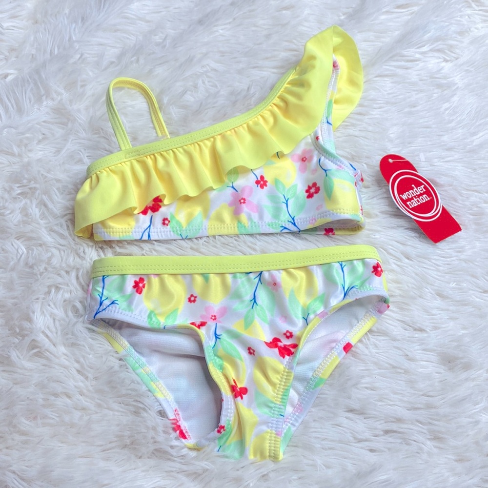 Wonder Nation Neon Yellow Lemon Floral Bikini Bathing Suit Girl’s Size 2T